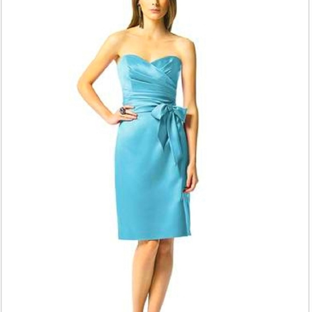 Dessy 2841..Cocktail length strapless matte satin dress..Turquoise...Size 4..NWT